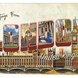 Saludos desde Londres, Inglaterra, postal vintage de Manchester: imagen de postal retro, diseño art déco, saludos desde Londres, Reino Unido