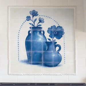 Handmade Delft Blue Boho Backsplash - Hand Painted Delft Style Kitchen Backsplash Art