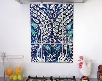 May include: A kitchen backsplash composed of twenty rectangular ceramic tiles featuring a dark blue background with white and turquoise floral patterns, positioned above a stainless steel gas stovetop with four burners and a central wok ring.