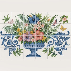 Handmade Tile Mural - Portuguese Floral Garden Tile Mural – Tropical Ceramic Tile Set of 24