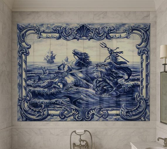 Hand-painted Poseidon Tile Mural – Nautical Azulejo Wall Art - Etsy
