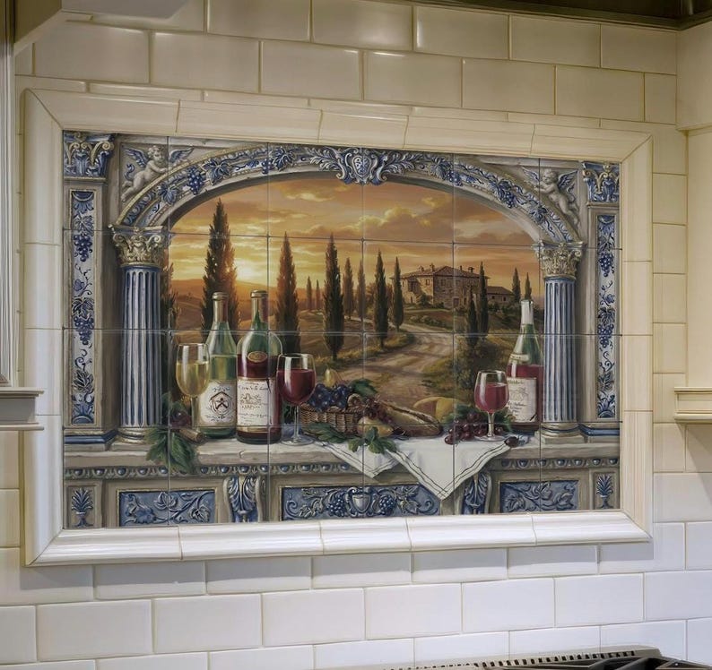 Tuscan Wine Vineyard Tile Mural, Italian Kitchen Backsplash, Sunset ...