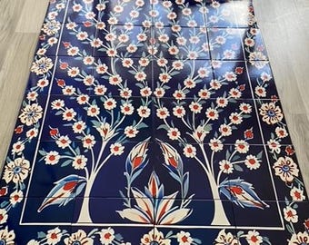 Iznik Tree of Life Tile Mural – Handpainted Ottoman Wall Tile Panel