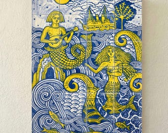 Decorative Tile Mural, Mermaid and Ship Nautical Wall Art, Mediterranean Azulejo Style Bathroom Tiles