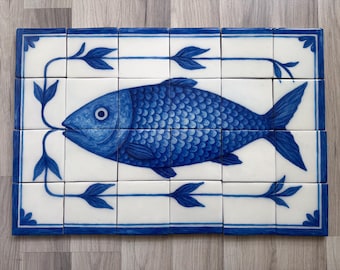 Ceramic Delft Blue Fish Wall Tile Panel – Coastal Kitchen Backsplash