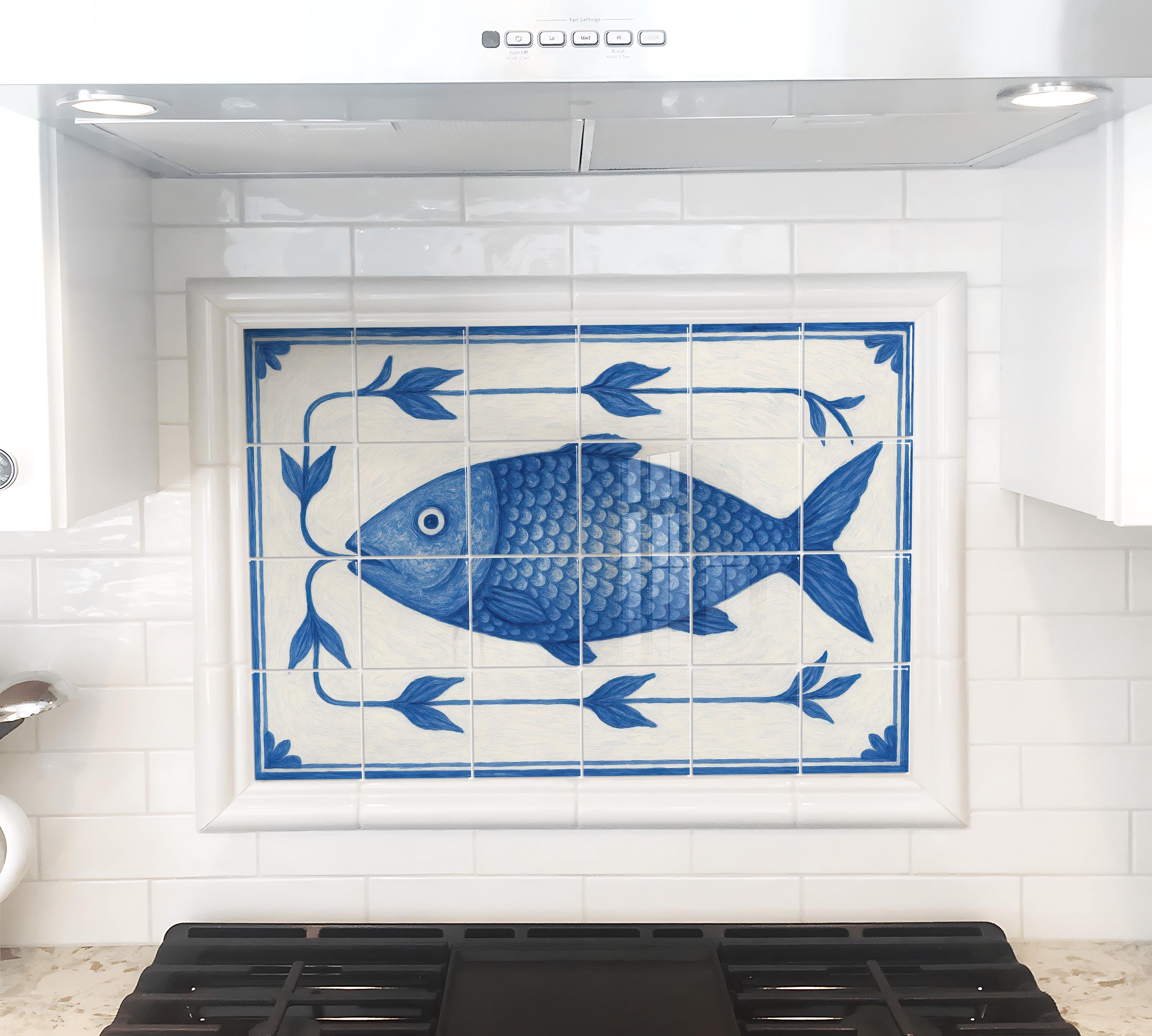 Delft Blue Fish Tile Mural – Hand-Glazed Mediterranean Art - Backsplash