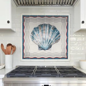 Handmade Scallop Shell Tile Mural for Coastal Kitchen Backsplash – Nautical Ceramic Wall Art with Rope Border