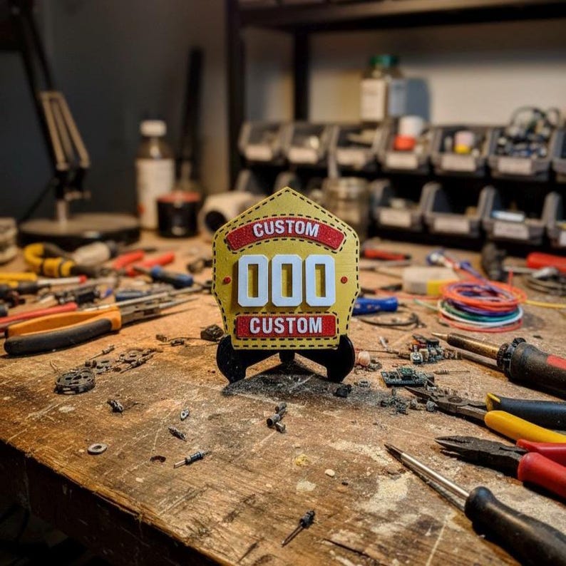 A 3D printed Fire Helmet Shield replica in yellow and red with large white customizable numbers ("000") stands centered on a messy wooden workbench surrounded by tools, wires, screwdrivers, and electronic components. This atmospheric photo highlights the handmade quality of the PLA fireman plaque and emphasizes the dedication behind this custom firefighter gift designed for a shop or garage.