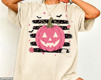 Pink Pumpkin Halloween Shirt, Cute Jack O Lantern Tee, Womens Halloween T-Shirt, Spooky Season Shirt, Comfort Colors Halloween