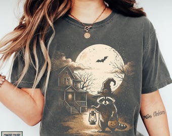 Raccoon Halloween Shirt, Witch Raccoon Tee, Vintage Cute Raccoon Shirt, Pumpkin Costume Top, Spooky Season Gift, Retro Halloween Graphic Tee