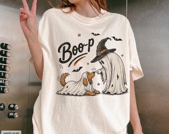 Boo-p Ghost Dog Halloween Shirt Comfort Colors Vintage Ghost Touching Dog Nose Cute Spooky Pet Lover Tee Dog Mom Halloween Gift Sweatshirt