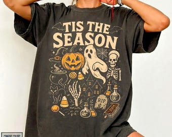 Tis The Season Shirt Vintage Halloween T-Shirt, Retro 'Tis The Season Skeleton Pumpkin Ghost Halloween Tshirt, Y2K Halloween Women's Shirt