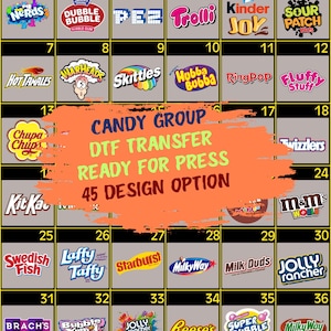 May include: A grid of 36 candy logos, including Nerds, Skittles, and Kit Kat, against a gray background. The text "CANDY GROUP DTF TRANSFER READY FOR PRESS 45 DESIGN OPTION" is overlaid on the image. The logos are in individual black boxes.
