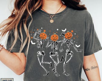Dancing Skeleton Shirt, Pumpkin Skeleton Halloween T-shirt, Comfort Colors Spooky Season Tee, Vintage Funny Halloween Women Graphic Shirt