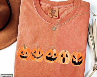 Jack O Lantern Shirt, Halloween Pumpkin Shirt, Comfort Colors Fall Tee, Cute Pumpkins in a Row Shirt, Spooky Season Graphic Women Shirt