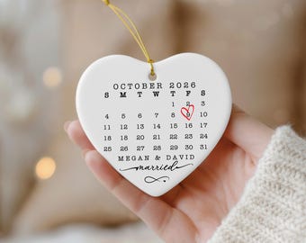 Custom Wedding Date Ornament, Personalized Calendar Gift, First Christmas Married Keepsake, Engagement or Anniversary Gift