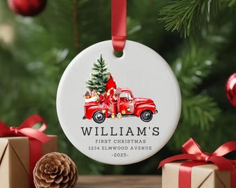 Personalized New Home Ornament With Custom Address Names Year, Housewarming Gift For Couple, First Home Keepsake, Red Truck Ornament