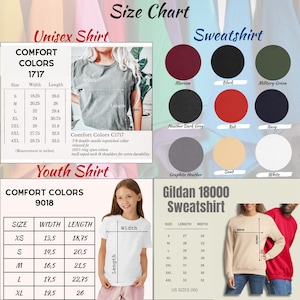 Puede incluir: Tabla de tallas para camisetas unisex y juveniles, y sudaderas Gildan 18000. Incluye medidas en pulgadas, con muestras de color para sudaderas. La tabla muestra las dimensiones de ancho y largo.