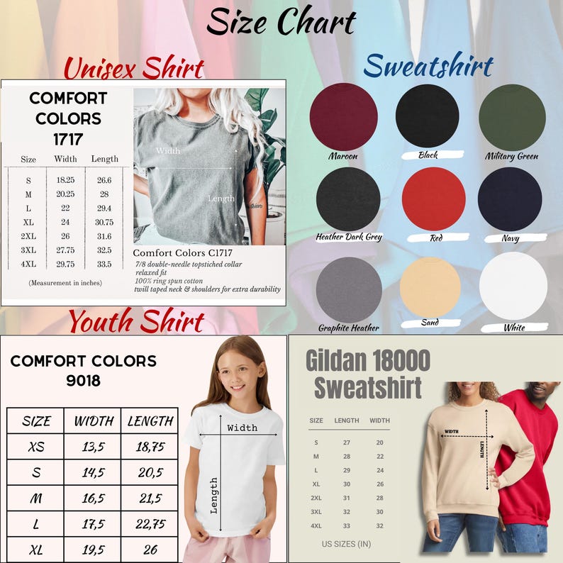 Puede incluir: Tabla de tallas para camisetas unisex y juveniles, y sudaderas Gildan 18000. Incluye medidas en pulgadas, con muestras de color para sudaderas. La tabla muestra las dimensiones de ancho y largo.