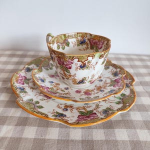 Vintage H.M. Williamson and Sons Trio – Fine Bone China Teacup, Saucer and Side Plate – Floral and Oriental Design – Made in England