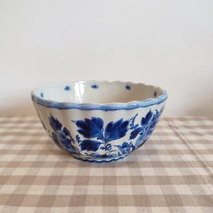 Vintage 1960s Porceylene De Fles Royal Delft Bowl Blue Floral Hand Painted Dutch Porcelain