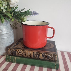 Puede incluir: Una taza de esmalte de color rojo brillante con interior crema y un borde negro fino. La taza cuenta con un asa lateral y está colocada sobre dos libros de tapa dura apilados, uno negro con letras doradas y otro verde con texto dorado.