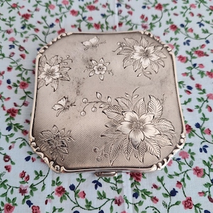 Antike Colibri Compact Art Deco Silber Platte Taschenspiegel Vintage Compact
