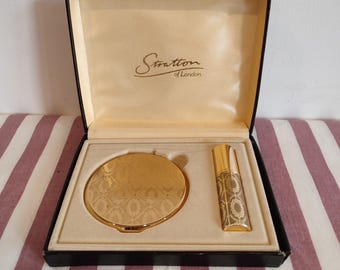 Stratton Set in Original Box Compact and Perfume Atomizer Vintage With Gold Design Hand Held Mirror Made in England