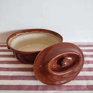 May include: A brown ceramic casserole dish with a lid, set against a striped background. The dish is oval-shaped with a handle on each side. The lid has a knob and two small holes.