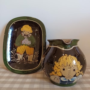 Vintage Kohlen Biel handmålad kanna och tallriksset – schweizisk folkkonstkeramik – utmärkt skick