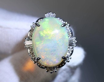 Platinum Australian Opal And Diamond Ring, 6.33ctw, 10.29 Grams Jewelry Diamonds Gemstone