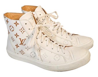 Louis Vuitton Split Monogram White Leather High Tops Men's Sneakers Size 9