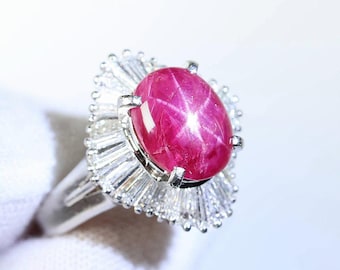 Ruby Ring Platinum, Unheated Star Ruby & Diamond Ring 4.8ctw, 7.6 Grams Gemstone Jewelry Diamonds