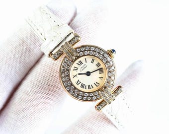 Cartier Must Colisee Diamond Watch Ivory Dial White Strap 925 18k Gold Vermeil Approx 1.00ctw