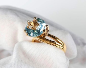 Anillo de aguamarina de oro amarillo de 14 k (2 ct, 4,6 gramos), joyería de piedras preciosas naturales.