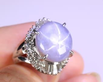 Natural Blue Star Sapphire 14.73ctw & Diamond 0.61ctw Platinum Ring, Size 7