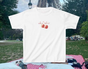 Coquette Mon Cheri Baby Tee, Vintage Cherries Tshirt, French Girly Cherry Crop top, Parisian Retro Y2K Style, Red Cursive Print Design