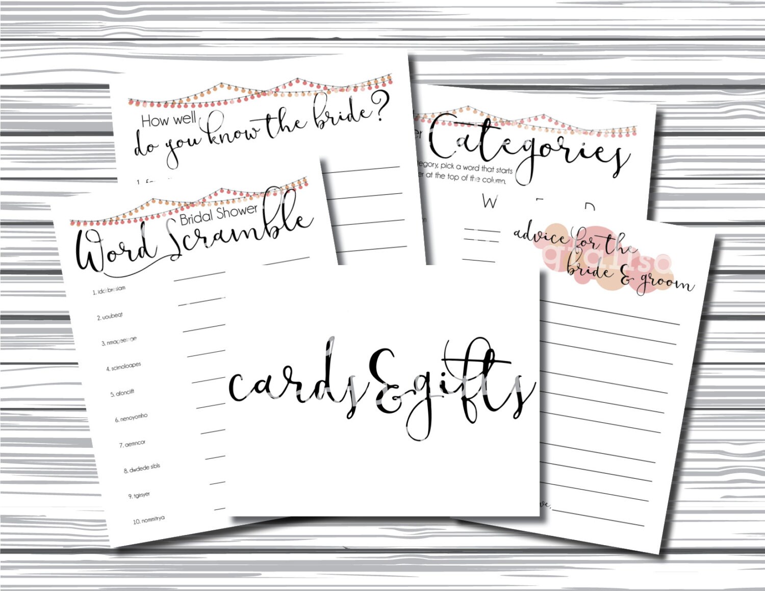 5Piece Bridal Shower Kit Wedding Printables 3 Games Etsy