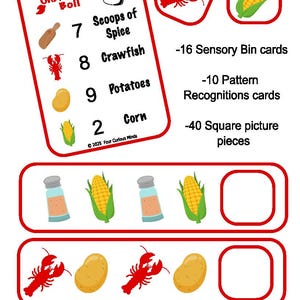 Könnte beinhalten: Ein druckbarer Satz von Karten für eine sensorische Kistenaktivität zum Thema Crawfish Boil. Die Karten zeigen Bilder von Crawfish, Mais, Kartoffeln und Gewürzen. Das Set enthält 16 sensorische Kistenkarten, 10 Mustererkennungs-Karten und 40 quadratische Bildteile.