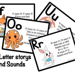 Puede incluir: Tarjetas educativas con las letras F, O, R y U, con ilustraciones y ejemplos fonéticos. Incluye un pez de dibujos animados, un pulpo, un conejo y una niña con un paraguas. El texto dice "26 Letter stories and Sounds."
