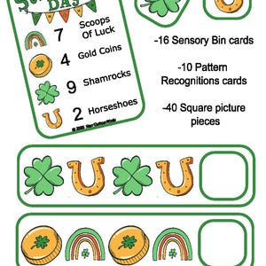 May include: St. Patrick's Day educational cards with shamrocks, horseshoes, and gold coins. Includes pattern recognition and sensory bin cards. The cards feature the text "St. Patrick's Day" and "Four Curious Minds".