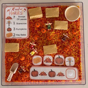 May include: A sensory bin with orange and yellow rice, featuring miniature pumpkins, hay bales, and scarecrows. Includes a wooden scoop and a sign that reads "Happy Harvest" with a list of items. A fun, educational activity.