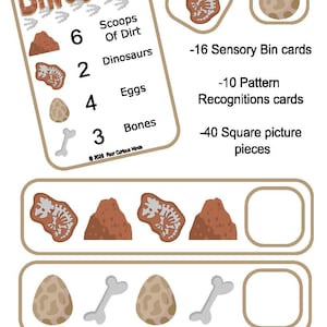 May include: Educational dinosaur-themed game with a tan and brown color scheme. The image includes a card with the word "DINOSAUR", numbers, and illustrations of dirt, dinosaurs, eggs, and bones. Additional cards and pieces are also shown.