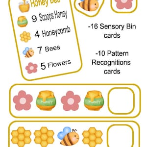 May include: A printable Honey Bee themed counting activity for kids. The sheet includes a list of items to count, such as honey scoops, honeycomb, bees, and flowers. There are also two blank spaces for kids to draw their own pictures.