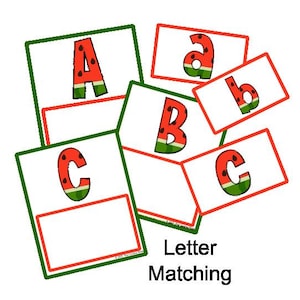 Juego de emparejar letras de sandía: tarjetas del alfabeto en mayúsculas y minúsculas para un aprendizaje divertido en verano