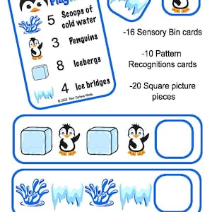 Op de afbeelding: Educatief spel met een pinguïnthema. De afbeelding toont kaarten met illustraties van pinguïns, ijsbergen en waterspetters. De tekst bevat "Penguin Playtime" en hoeveelheden items. Bevat ook "-16 Sensorische bakkaarten", "-10 Patroonherkenningskaarten" en "-20 Vierkante plaatjes".