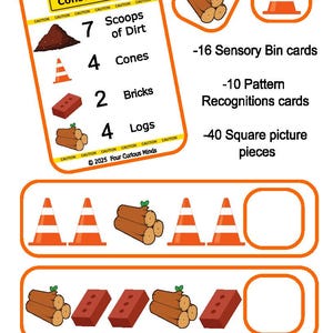 Imprimíveis de caixas sensoriais de construção | Cartões de menu e tiras de padrão