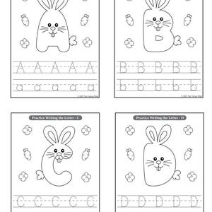 May include: Black and white printable worksheet featuring a bunny rabbit holding the letter A, B, C, and D. The worksheet includes practice lines for tracing the uppercase and lowercase letters.