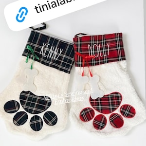 personalized embroidered Dog Sherpa Paw Christmas Stocking Farmhouse Font