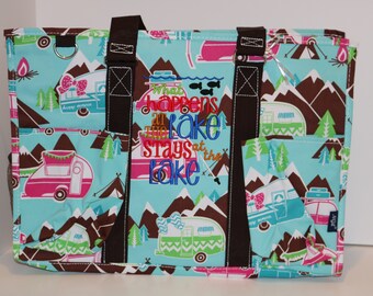 Trendy Camper Utility Tote, Tote Bag perfect every Day Tote, Zippered Tote , Diaper Bag, Lake house Bag, Happy Camper Bag